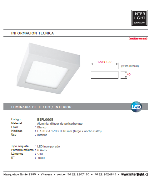 Plafón aluminio blanco 12x12 cm LED 6W - BEPL0005