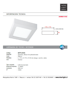 Plafón aluminio blanco 17x17 cm LED 12W - BEPL0006