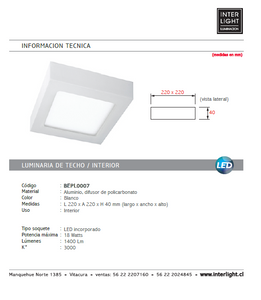 Plafón aluminio blanco  22x 22 cm LED 18W - BEPL0007