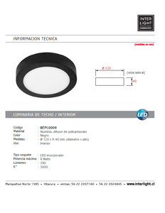 Plafón aluminio negro  Ø12 cm LED 6W - BEPL0009