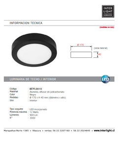 Plafón aluminio negro Ø17 cm LED 12W - BEPL0010