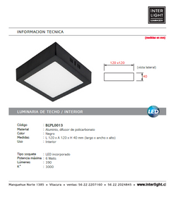 Plafón aluminio negro 12x12 cm LED 6W - BEPL0013