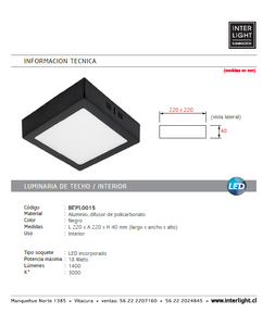 Plafón aluminio negro 22x22 cm LED 18W - BEPL0015