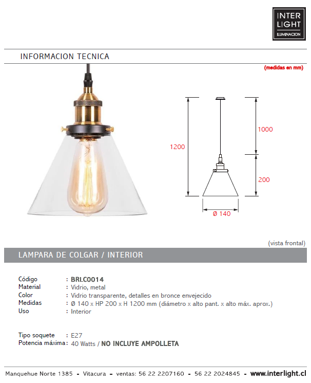Lámpara colgante metal vidrio bronce transparente Ø14x20 cm E27 - BRLC0014