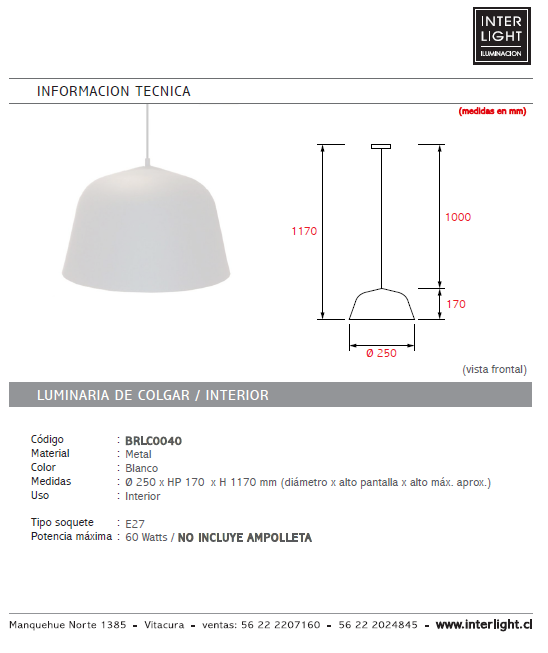 Lámpara colgante metal Ø 25 cm E27 - BRLC0040