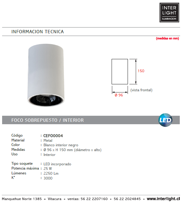 Foco sobrepuesto blanco con negro LED 25W - CEFO0004