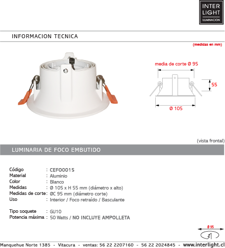 Foco embutido retraído basculante aluminio blanco Ø 105 cm GU10 - CEFO0015