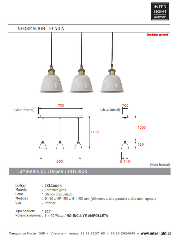 Lámpara colgante cerámica gres 3 luces E27 - A pedido - CKLC0005