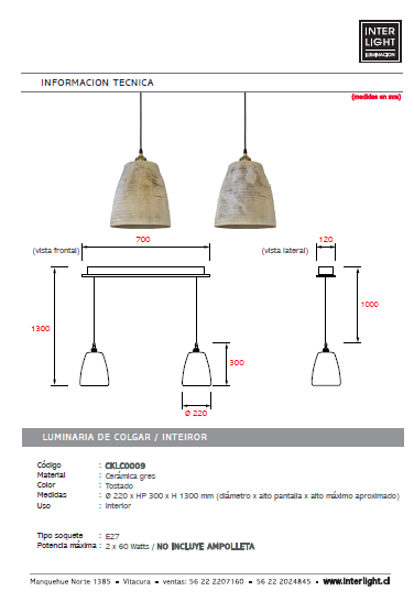 Lámpara colgante cerámica gres 2 luces E27 - A pedido