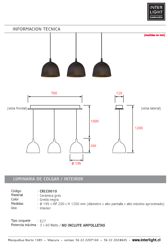 Lámpara colgante cerámica gres 3 luces E27 - A pedido - CKLC0010