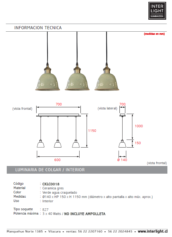 Lámpara colgante cerámica gres 3 luces E27 - A pedido