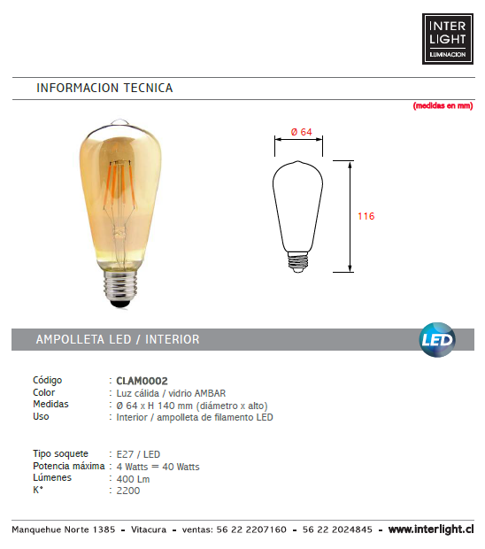 Ampolleta vintage ámbar LED 4W E27 - CLAM0002