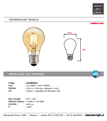 Ampolleta vintage ámbar LED 4W E27 - CLAM0003