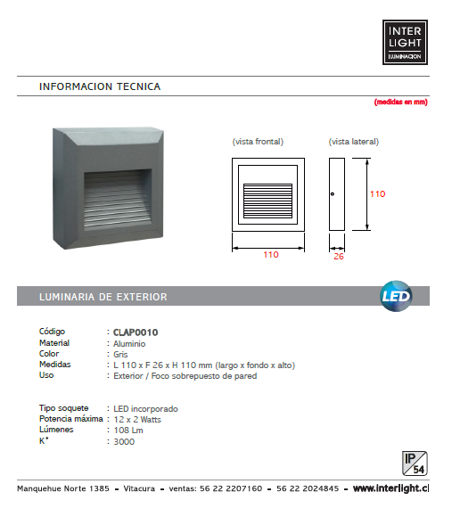 Apliqué  gris exterior de escaleras LED 12 x 0,1W IP54 - CLAP0010