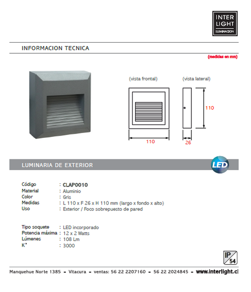 Apliqué  gris exterior de escaleras LED 12 x 0,1W IP54 - CLAP0010