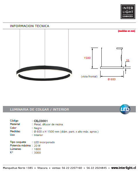 Lámpara colgante un aro Ø 60 cm LED 30W - CXLC0001