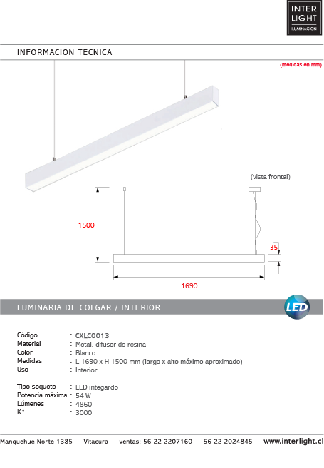 Lámpara colgante lineal blanco largo 1,69 mt. LED 27W - CXLC0013