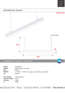 Lámpara colgante lineal blanco largo 1,69 mt. LED 27W - CXLC0013