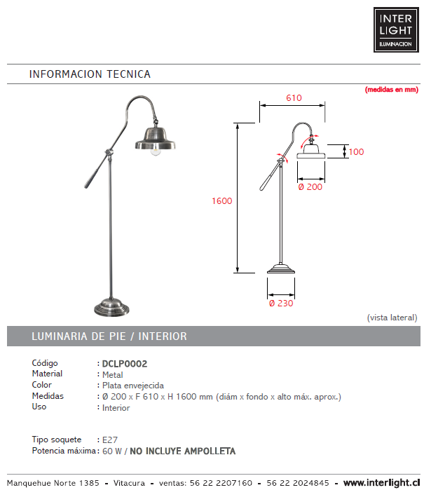 Lámpara de pie metal lata envejecida Ø20x1,60 cm E27 - DCLP0002