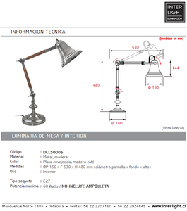 Lámpara sobremesa metal madera plata envejecida Ø15x48 cm E14 - DCLS0005