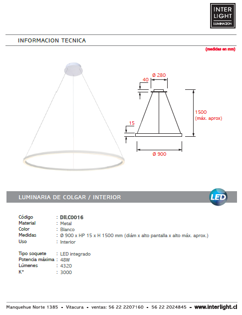 Lámpara colgante metal 1 aro Ø 90 cm LED 48W - DILC0016
