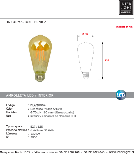 Ampolleta vintage ámbar LED 6W E27 - DLAM0004