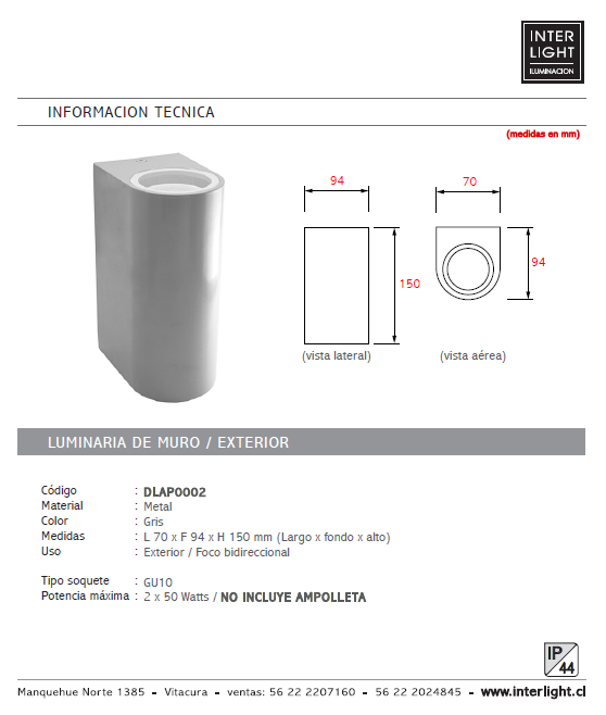 Apliqué gris bidireccional interior/exterior 2 luces GU10 - DLAP0002