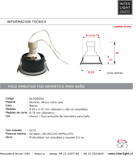 Foco embutido blanco hermetico para baño GU10 - DLFO0004