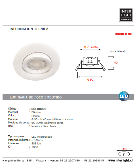 Foco embutido blanco basculante LED 6,5W - DOFO0002