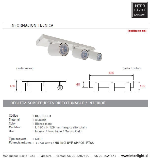 Foco blanco dirigible 3 luces GU10 - DORE0002