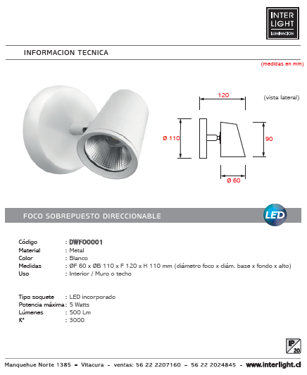 Foco muro blanco dirigible LED 5W - DWFO0001