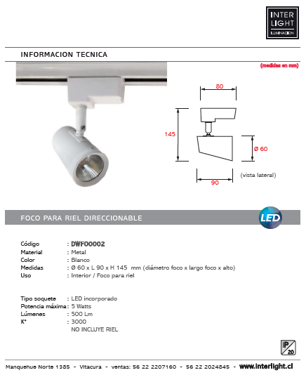 Foco para riel monofásico blanco dirigible LED 5W - DWFO0002