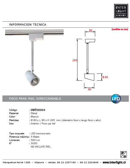 Foco para riel monofásico blanco dirigible LED 5W - DWFO0004
