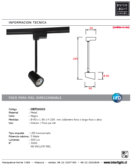 Foco para riel monofásico negro dirigible LED 5W - DWFO0005