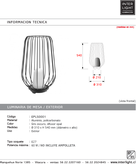 Lámpara sobremesa aluminio gris oscuro difusor opal Ø31x 54 cm E27 - EPLS0001