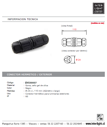 Conector hermético para luminarias exteriores IP68