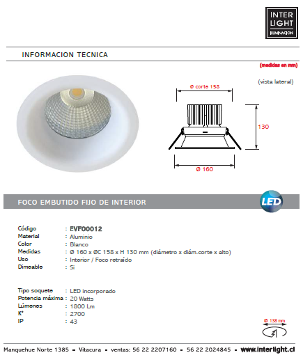 Foco embutido retraído blanco LED 20W - EVFO0012