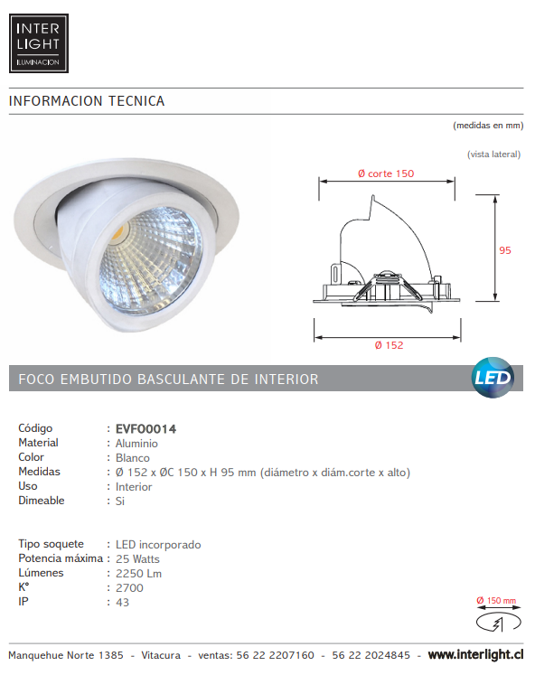 Foco embutido basculante blanco LED 25W - EVFO0014