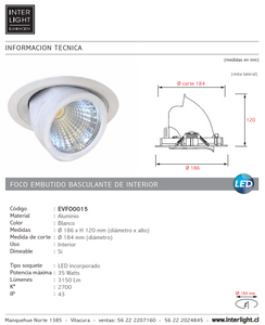 Foco embutido basculante blanco LED 35W - EVFO0015