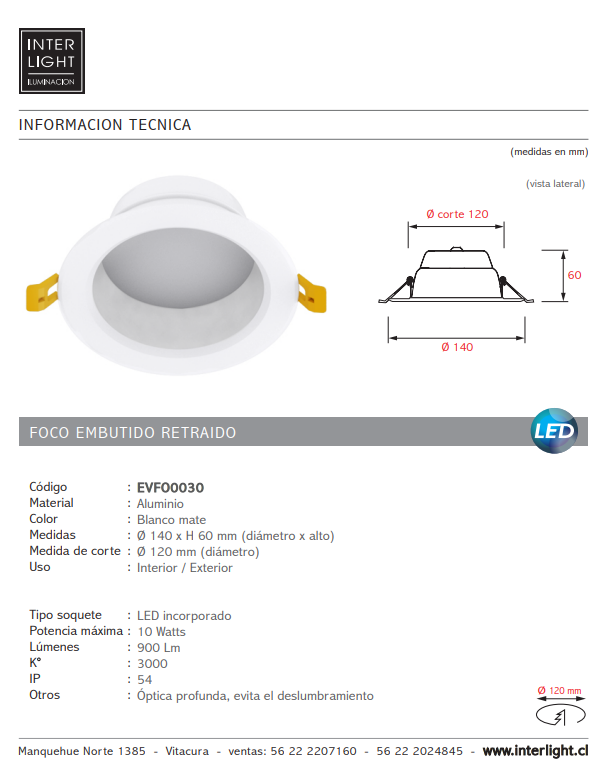 Foco embutido optica profunda blanco mate LED 10W - EVFO0030