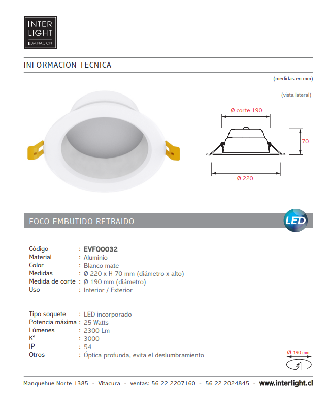 Foco embutido optica profunda blanco mate LED 22W - EVFO0032