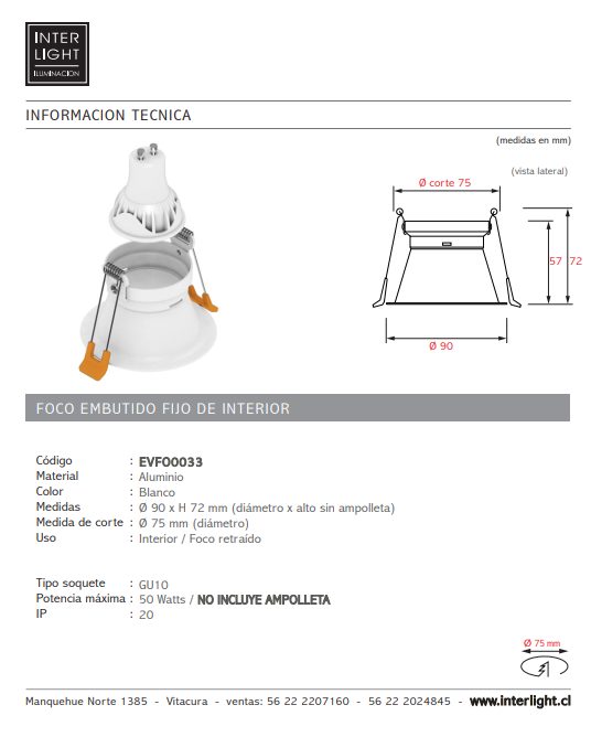 Foco embutido retraído blanco GU10 - EVFO0033