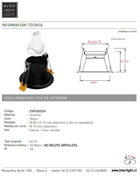 Foco embutido retraído negro GU10 - EVFO0034