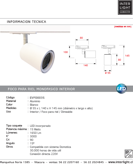 Foco para riel blanco Ø55x14,5 cm LED 8W - EVFO0035