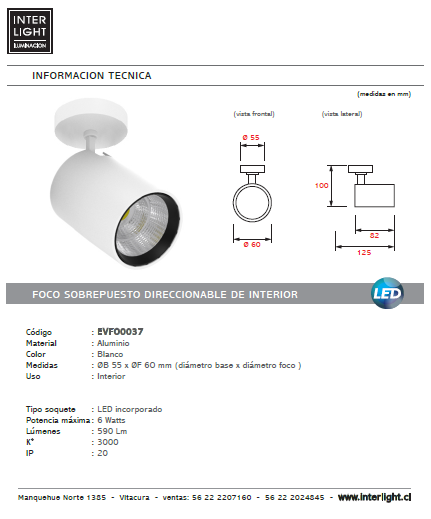 Foco sobrepuesto blanco techo/muro LED 6W - EVFO0037