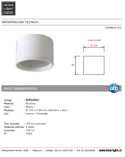 Plafón blanco dimeable LED 6W - EVPL0001