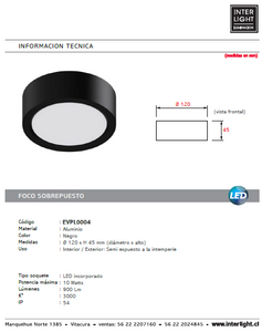Foco sobrepuesto negro interior/exterior LED 10W - EVPL0004