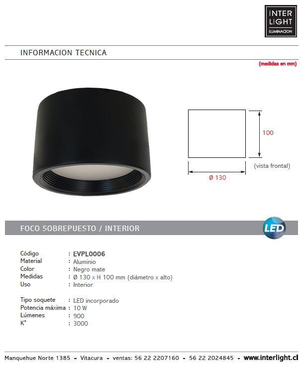 Plafón negro dimeable LED 10W - EVPL0006