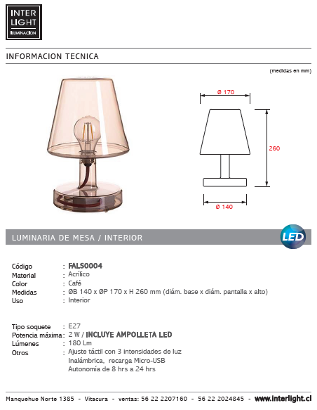 Lámpara sobremesa Transloetje café recargable - FALS0004