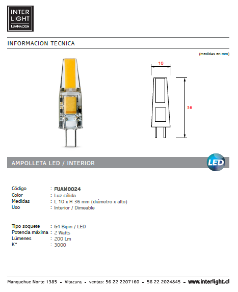 Ampolleta  luz cálida G4 Bipin 12V / 2W LED - FUAM0024